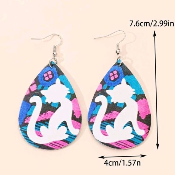Colorful Cat Design Wood Teardrop Earrings - Picture 4 of 5